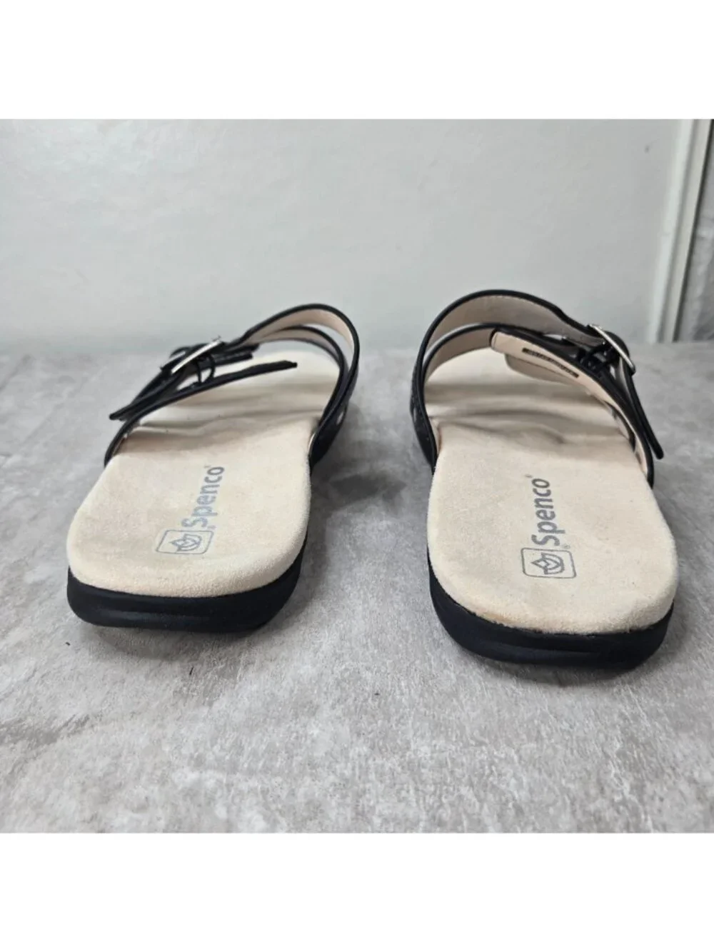 Spenco Orthopedic Slides Sz 10 Black Leather Slip On Comfort Summer Flat Sandals